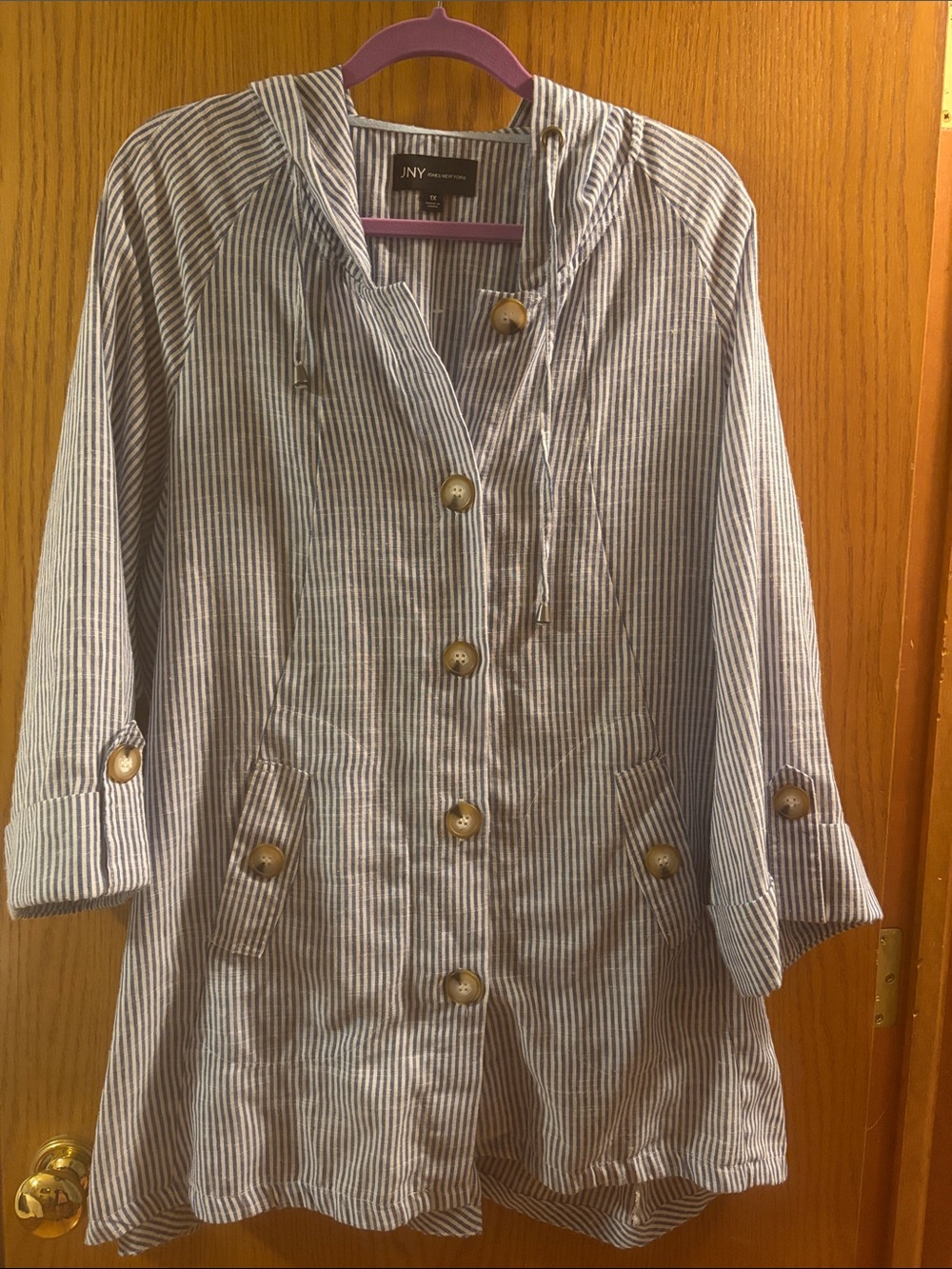 Jones New York Blue and White Striped Button Front Hooded Shirt